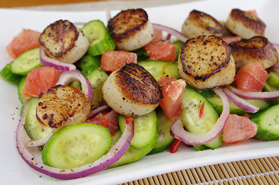 Seared Sea Scallops with Thai Cucumber and Grapefruit Salad