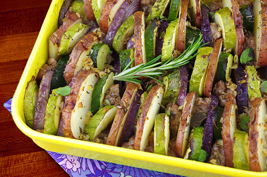 Herbed Grey Squash, Potato & Sausage Casserole